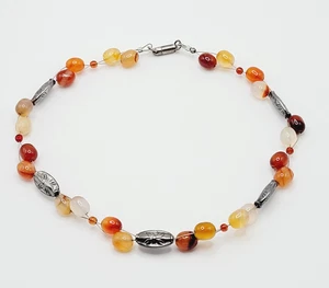 Artisan Carnelian Quartz Agate Stone Silver Tone Flower Bead Magnetic Necklace - Picture 1 of 24