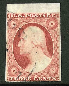 Sc #10/11 VF++ Jumbo Margin Light Cancel 3 Cent Washington 1851-57 US 91B52 - Picture 1 of 2