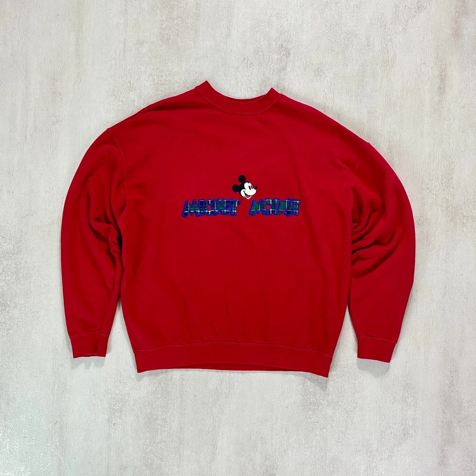Jersey Mickey Mouse Mujer Talla XL Benetton De Colección Y2K Rojo Gran Tamaño Bordado Tartán Foto 1 de 4