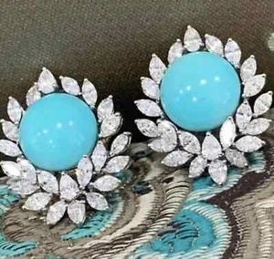 14k White Gold Finish 3Ct Lab-Created Round Turquoise Diamond Halo Stud Earring - Picture 1 of 5