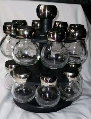 Spice Jar Organizer For 16 Jars Two Tier Dual Turn Tables Black And Chrome Vtg. - Image 1 of 4