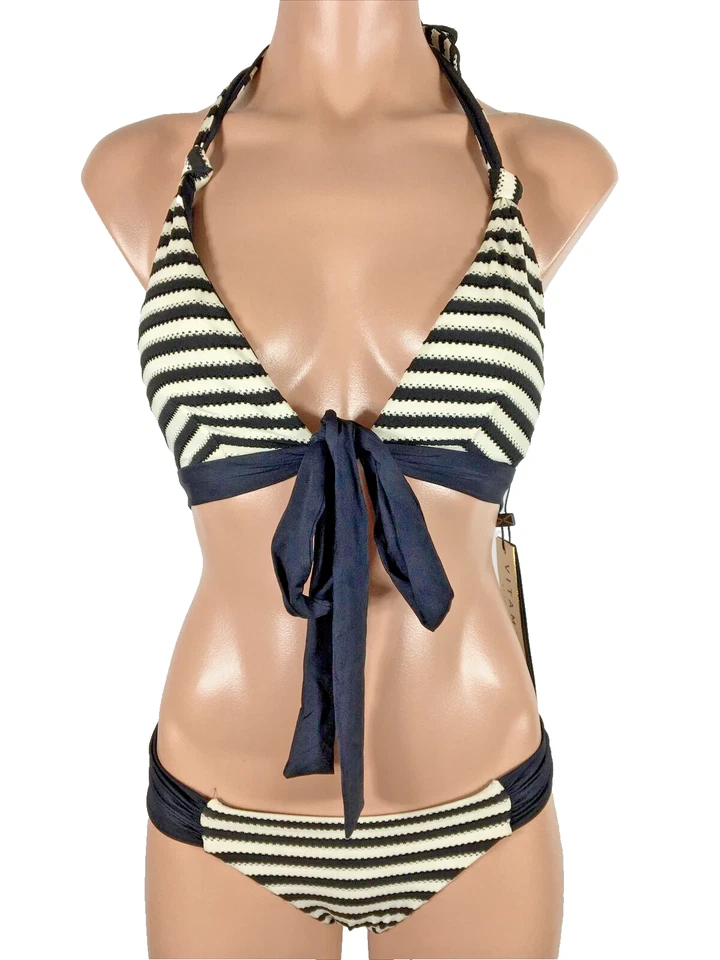 NUEVO NUEVO CON ETIQUETAS Bordado Vitamina A Parte Inferior Descarada M Negro/Blanco Bikini Triángulo Top L Foto 1 de 4