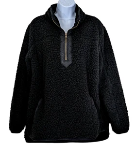 Time And Tru Women's Sz XL 16/18 Black Sherpa Fleece Pullover Jacket Pockets Zip - Picture 1 of 5
