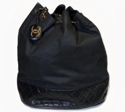 Vintage Chanel CC 1986-88 Black Quilted Leather Canvas Drawstring Bucket Bag - Image 1 of 4