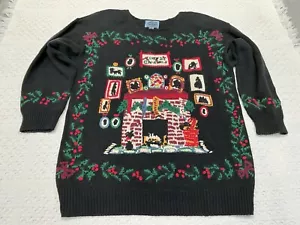 Vintage Cambridge Goods 90s Christmas Sweater Women’s M Medium Black Fireplace - Picture 1 of 7
