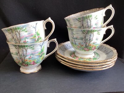 4 чашки и блюдца Royal Albert с серебряной березой - Изображение 1 из 4