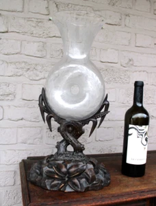 RAre antique black forest wood carved frame pelgrim glass etched vase 19thc - Picture 1 of 8