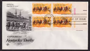 1974 Horse Racing Louisville KY Sc 1528 FDC with ArtCraft cachet plate block - Picture 1 of 1