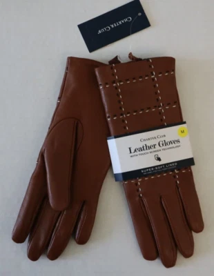 Guantes de cuero Charter Club 16759 para mujer talla mediana montura marrón a cuadros puntada superior Foto 1 de 4
