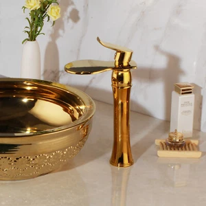 Rubinetto miscelatore lavabo vasca lavandino bagno beccuccio cascata oro manico singolo rubinetti - Foto 1 di 9