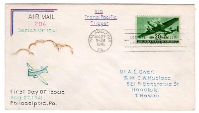 C29 Transport 20c Airmail First Day Cover 1941 A.E. Owen Hand-painted - Image 1 of 2