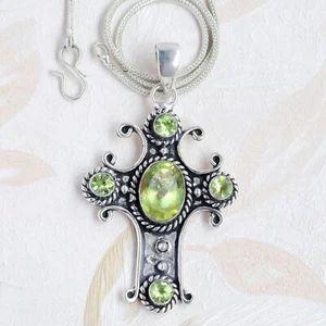 Faceted Peridot Multi Gemstone Jewelry 925 Sterling Silver Cross Big Pendant - Picture 1 of 8