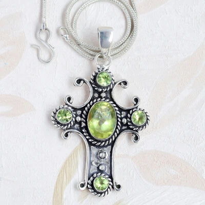 Faceted Peridot Multi Gemstone Jewelry 925 Sterling Silver Cross Big Pendant - Image 1 of 4