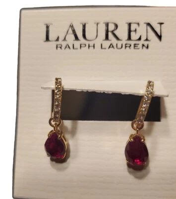 Pendiente Ralph Lauren Pequeño Tono Dorado Circonita Cúbica Rojo Rubí Cuelga/Gota Foto 1 de 4