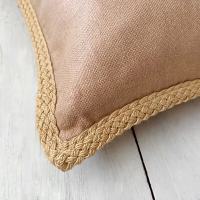 Pottery Barn Beige Natural Warm Linen Pillow Cover Jute Braided Trim 20” Tan PB - Image 1 of 4
