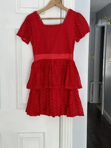 NWT AQUA Girls Red Lace Ruffle Dress Large 10/12 Short Sleeve Valentine's Day - Picture 1 of 5