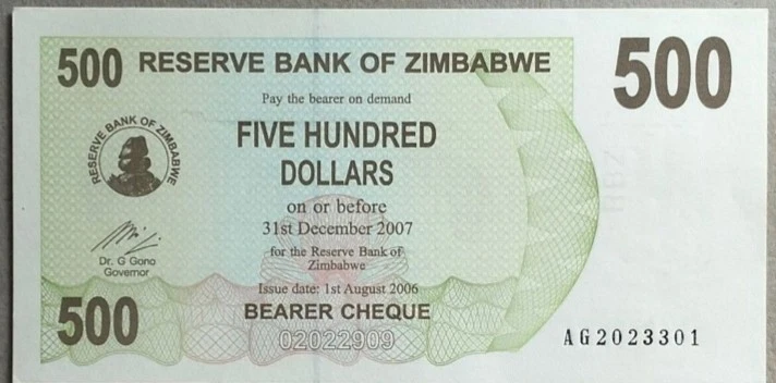 Zimbabwe 2006 500 Dollars Note AG 2023301 - Image 1 of 2