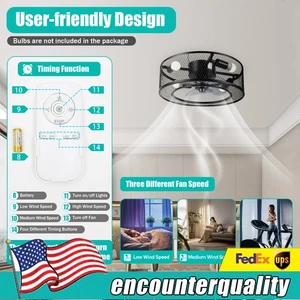 18 Caged Ceiling Fan with Light Black Iron Metal Round Lamp Chandelier 3 Speeds - Picture 1 of 12
