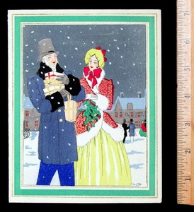 20er Jahre ART DECO WEIHNACHTSGRUSSKARTE POCHOIR - PAAR MIT GESCHENKEN, STADT - Bild 1 von 2