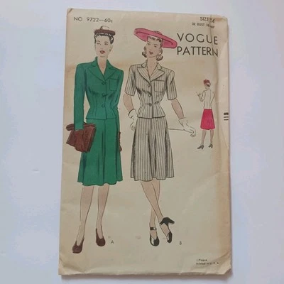 Traje de mujer vintage Vogue patrón de costura 9722 años 40 talla 14 32 busto Foto 1 de 4