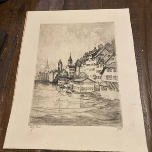 Vintage Original Druck Radierung Zürich Schweiz, 1800er signiert vom Künstler göb? - Bild 1 von 7