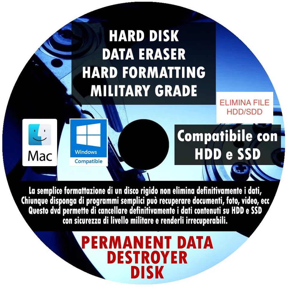 DVD WIPE DATI PERMANENTE HDD SSD CANCELLAZIONE TOTALE STANDARD MILITARI AVANZATI - Immagine 1 di 2