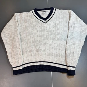 Vintage Christian Dior V Neck Sweater Cable Knit Large White Tennis Preppy USA - Picture 1 of 10
