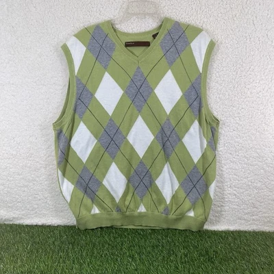 Perry Ellis Argyle Sweater Vest Mens Size XL V-Neck Cotton Pullover Green Gray - Image 1 of 4