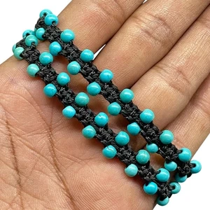 Handgefertigt Türkis Armband 4mm Perlen Makramee Design Verstellbar Schwarz Kord - Bild 1 von 8