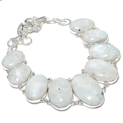 Collar de piedras preciosas ovaladas de piedra lunar arco iris cadena ajustable joyería 18" DN 6720 Foto 1 de 4