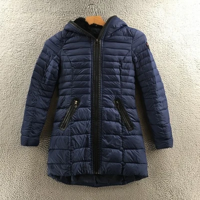 Abrigo chaqueta acolchada acolchada con capucha Pajar Canadá pequeño azul ribete de piel sintética Foto 1 de 4