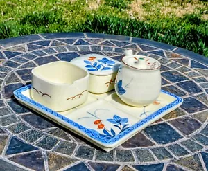 Floral Japanese Ceramic Sushi Serving Platter+2 Sauce Bowls+Tea Cup Set NOS - Picture 1 of 6