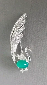 Ancienne Broche Paon Art Déco : Agate Verte Marcassites Sur Argent Massif. - Foto 1 di 9