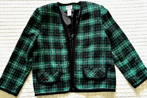Vintage Karo Blazer Jacke Wollmischung vorne offen Old Money Preppy Büro 8 P - Bild 1 von 11