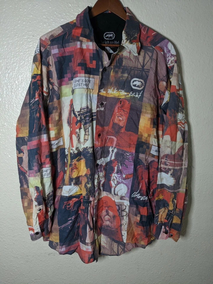Y2K ECKO DAREDEVIL Comic All over Print Newspaper Button Up Shirt Men XXL Cotton - Image 1 of 4