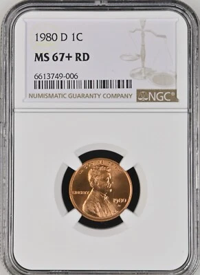 1980-D  1C RD  Lincoln Memorial One Cent  NGC MS67+RD  6613749-006 - Image 1 of 2