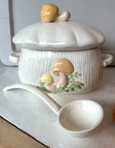 Vintage Mushroom Pottery Soup Tureen with Ladle 1979 Signed - Picture 1 of 18