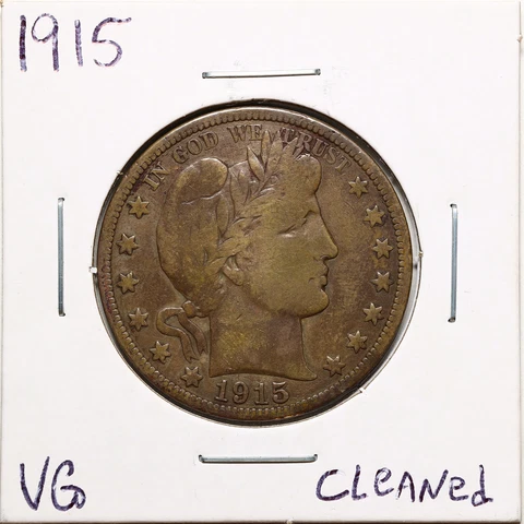 1915 50C Barber Liberty Head Half Dollar with VG Detail Cleaned #10956 Cover