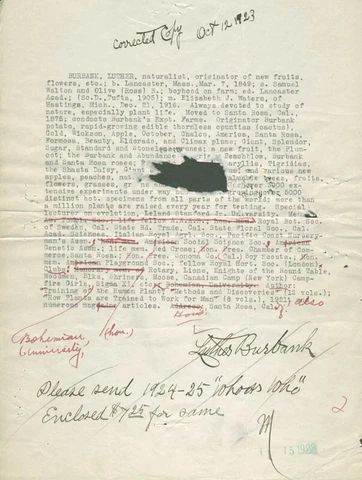 LUTHER BURBANK - AUTOGRAPH DOCUMENT TWICE SIGNED 10/06/1923 Cover