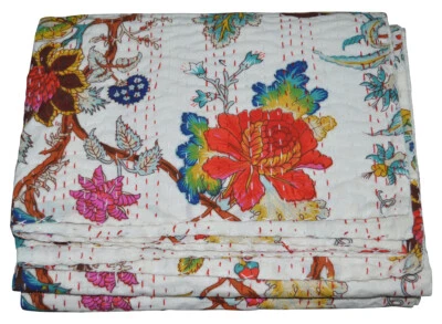 Indian Floral Single Kantha Handmade Cotton Quilt Bed Cover Throw Blanket Gudari - Image 1 of 4