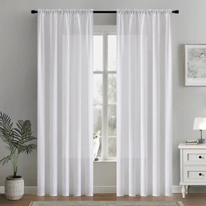 White Privacy Sheer Curtains That Let Light in 84 Inches Semi Sheer 2 Panels Set - Picture 1 of 6