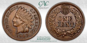 1903 Indian Cent CACG AU-58 CAC - Picture 1 of 3