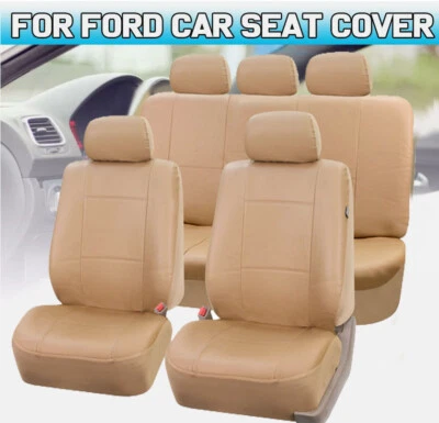 Synthetic Leather Car Seat Covers 5-Seats Front Rear Full Set Cushion Mat Beige - Image 1 of 4