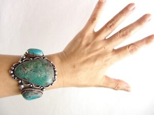 HEAVY 107g BIG 2.25"+ Hi Native Signed Sterling Turquoise Cuff Bracelet Navajo