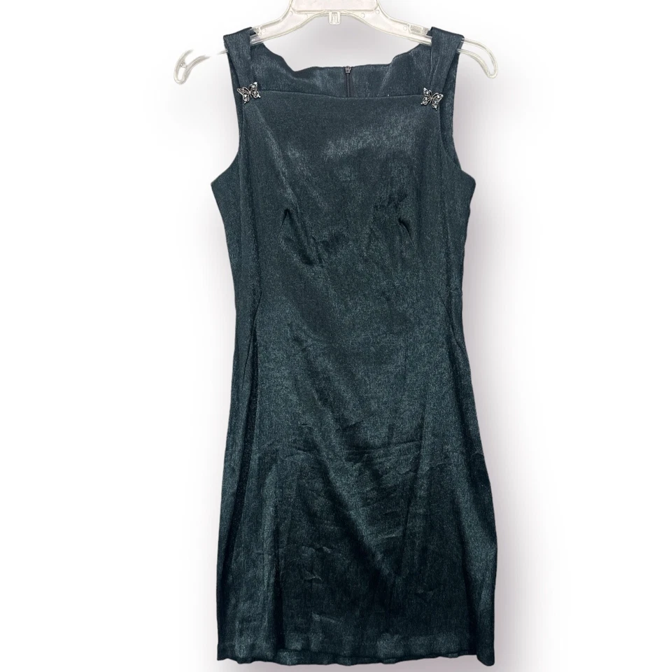 Vestido Vaina Vintage Años 90 y2k CDC Satinado Mariposa Estrás Verde Oscuro Talla 4 Foto 1 de 4