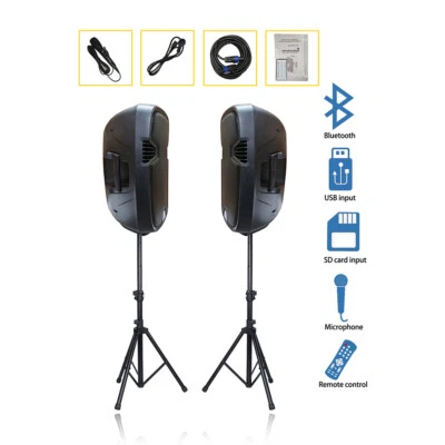 2Pcs 12 Inch 2-Way 2000W Powered PA Active Speakers Duty Stands Wire Microphone - Image 1 of 4