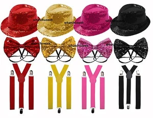 Sequin Fedora Trilby Hat Glitter Bow Tie Suspenders Fancy Dress Accessories Set - Picture 1 of 5