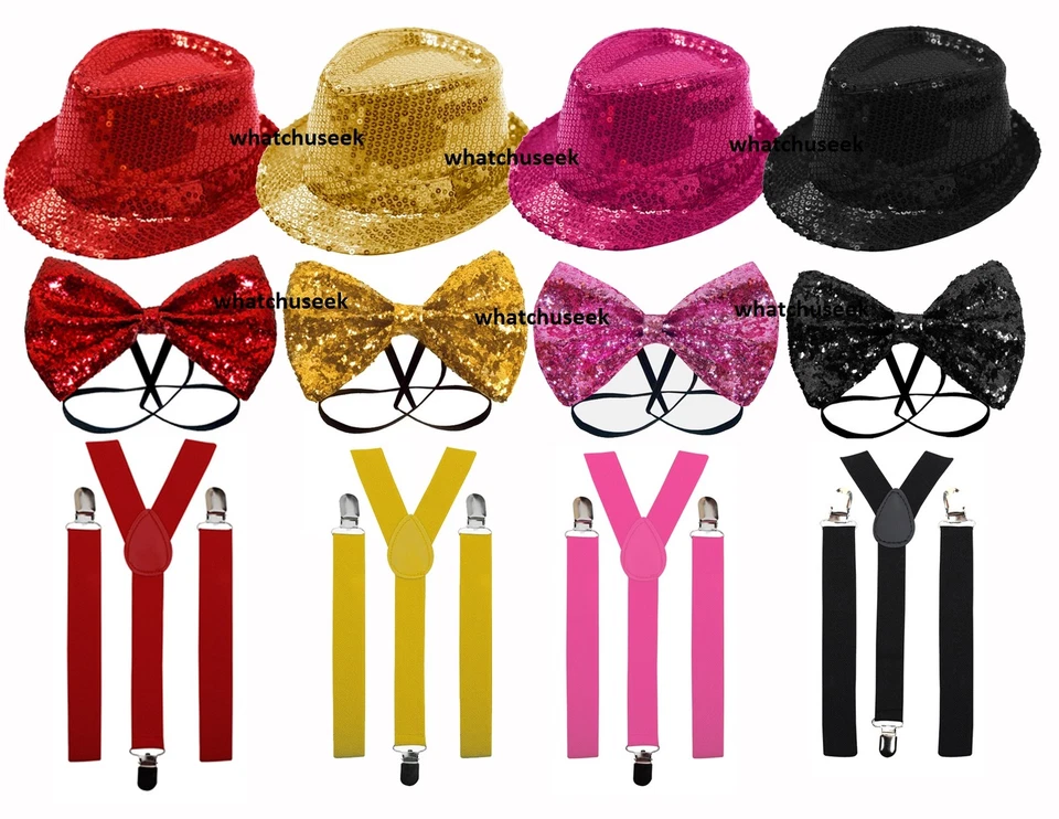 Sequin Fedora Trilby Hat Glitter Bow Tie Suspenders Fancy Dress Accessories Set - Image 1 of 1