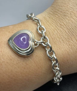 Sterling Silver Jade Heart Charm 925 Rolo Link Vintage Bracelet Adjustable 7.25” - Picture 1 of 11