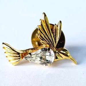 Vintage goldfarbene Kolibri Brosche mit großem Strass im Birnenschliff - M521.1 - Bild 1 von 4